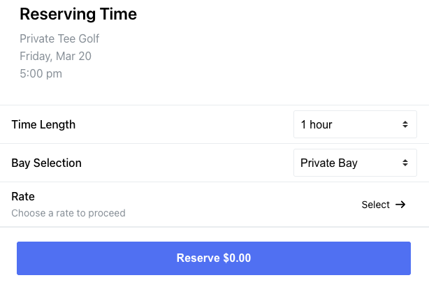 Booking screen showing time length, bay selection, and rate before reserving time